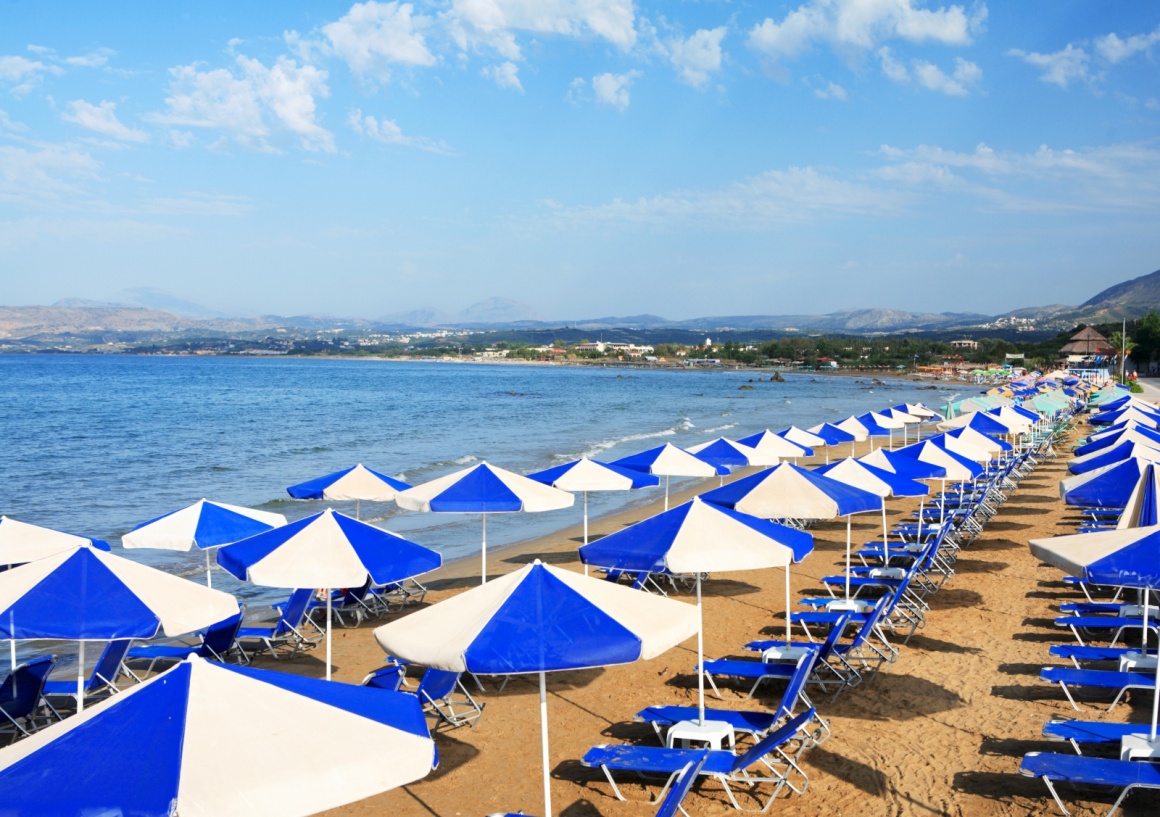 'A view of sunbeds awaiting tourists at the Greek island resort of Georgioupolis on Crete's north coast.' - Hania