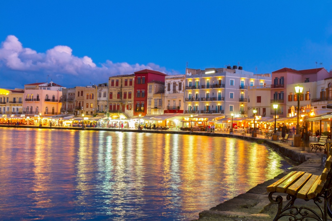 'illuminated venetian habour of Chania  at night, Crete, Greece' - Hania