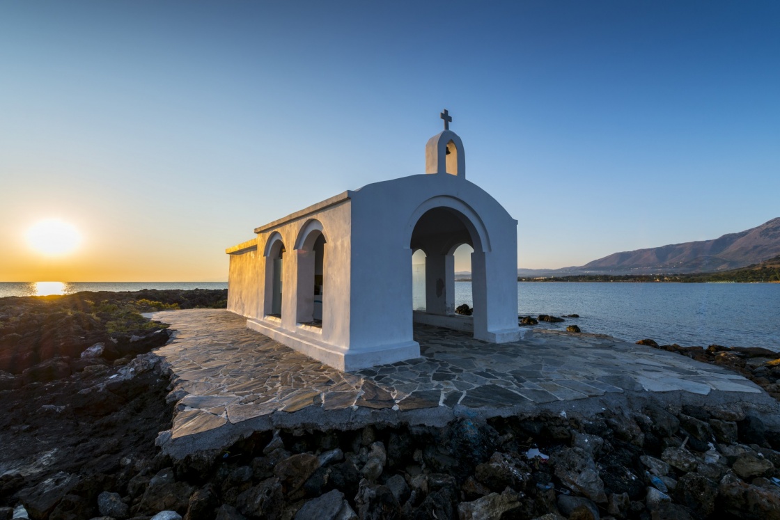Small White Church By Sunrise in Georgioupolis, Crete, Greece